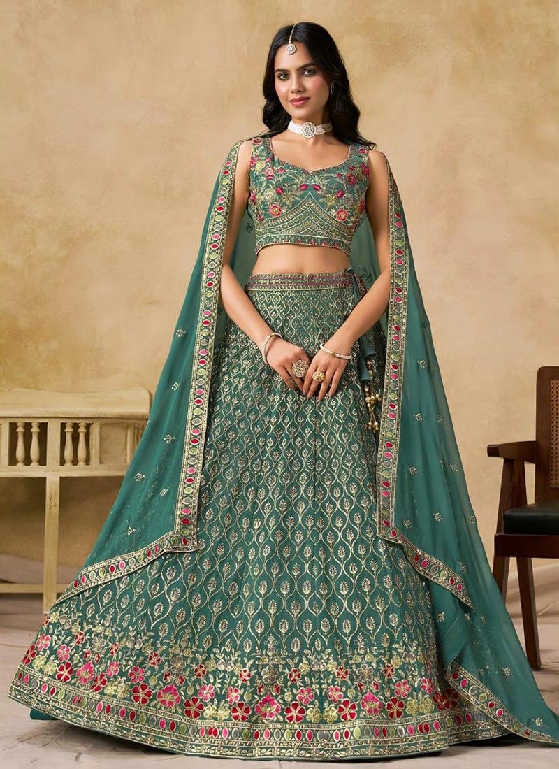 Teal Faux Georgette Zari Embroidered Sequins Lehenga Wedding Wear