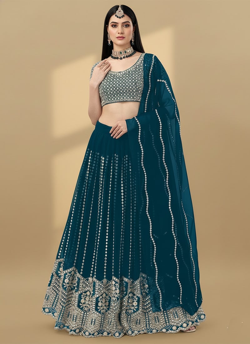 Teal Faux Georgette Zari Embroidered Sequins Lehenga Festive Wear