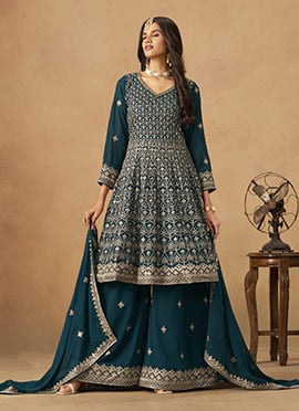Teal Faux Georgette Zari Embroidered Sequins Palazzo Suit
