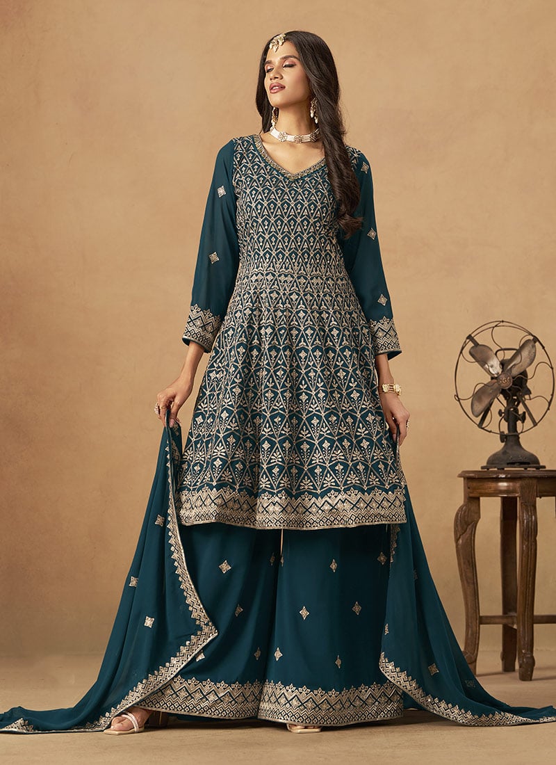 Teal Faux Georgette Zari Embroidered Sequins Palazzo Suit Festive Wear