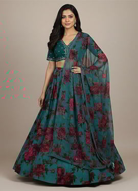 Teal Faux Georgette Zari Hand Embroidered With Stone Work Lehenga