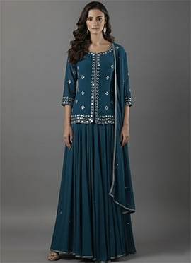 Teal Faux Georgette Zari Mirror Hand Embroidered Long Choli Lehenga