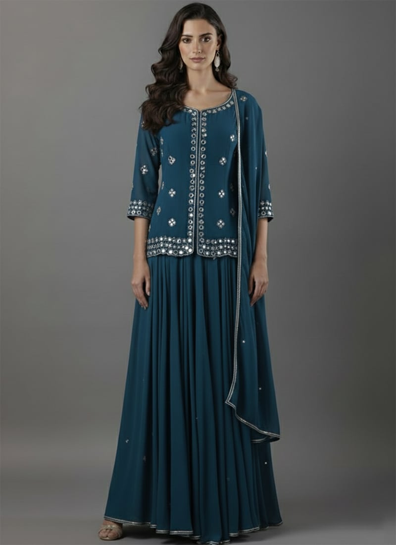 Teal Faux Georgette Zari Mirror Hand Embroidered Long Choli Lehenga Festive Wear