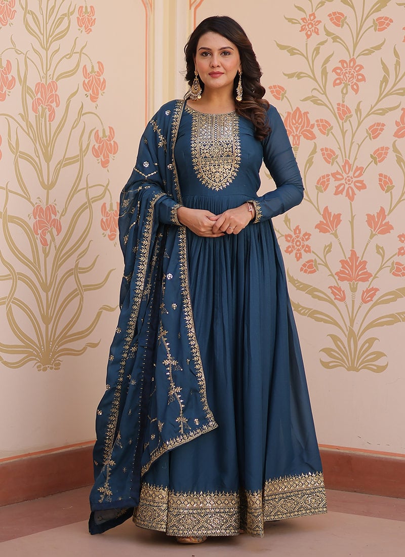 Teal Faux Georgette Zari Sequin Embroidered Anarkali Suit