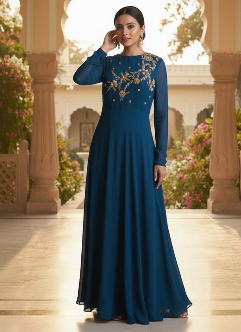 Teal Faux Georgette Zari Sequins Gown After Six Wear