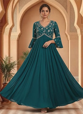 Teal Faux Georgette Zari Sequins Gown