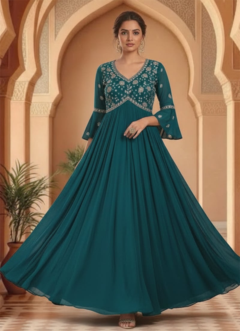 Teal Faux Georgette Zari Sequins Gown After Six Wear
