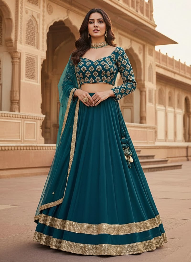 Teal Faux Georgette Zari Sequins Lehenga