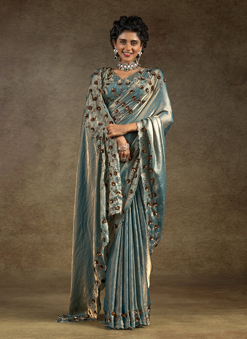 Teal Fendi Satin Silk Hand Embroidered Sequins With Applique And Stone Work Saree