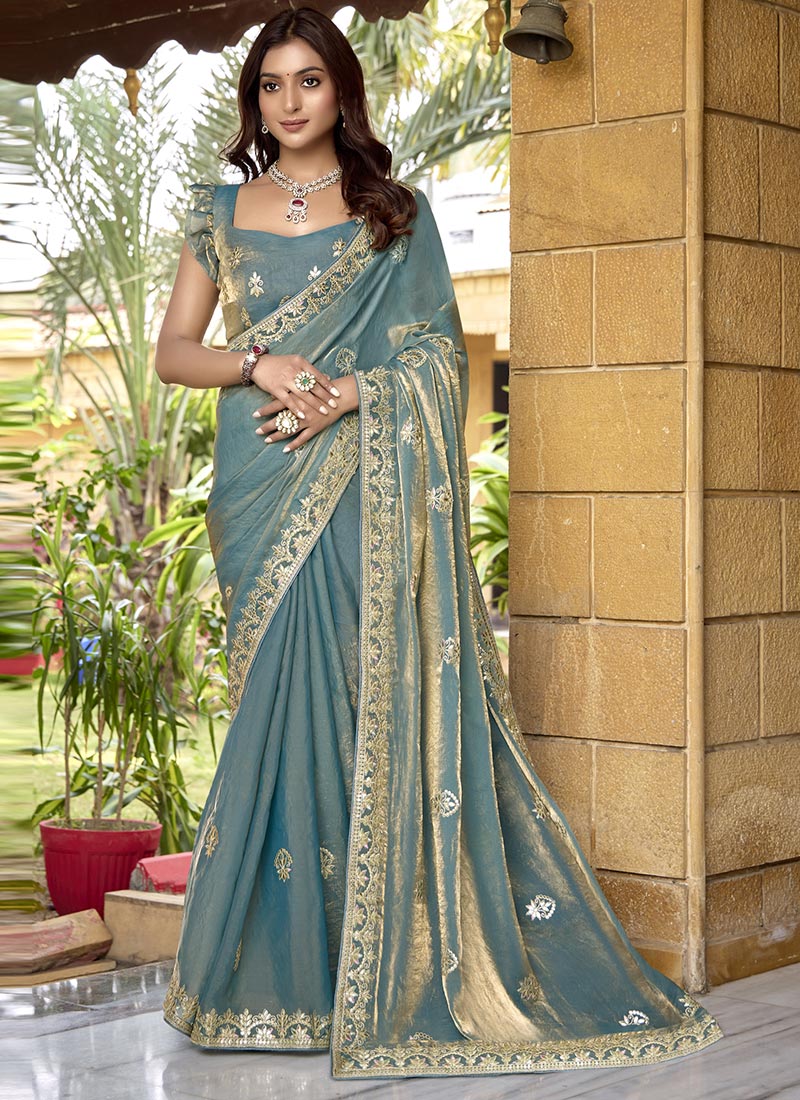 Teal Fendi Satin Zari And Gota Work Embroidered Saree