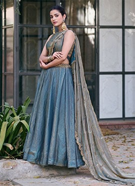 Teal Fendi Silk Embroidered Sequins Lehenga