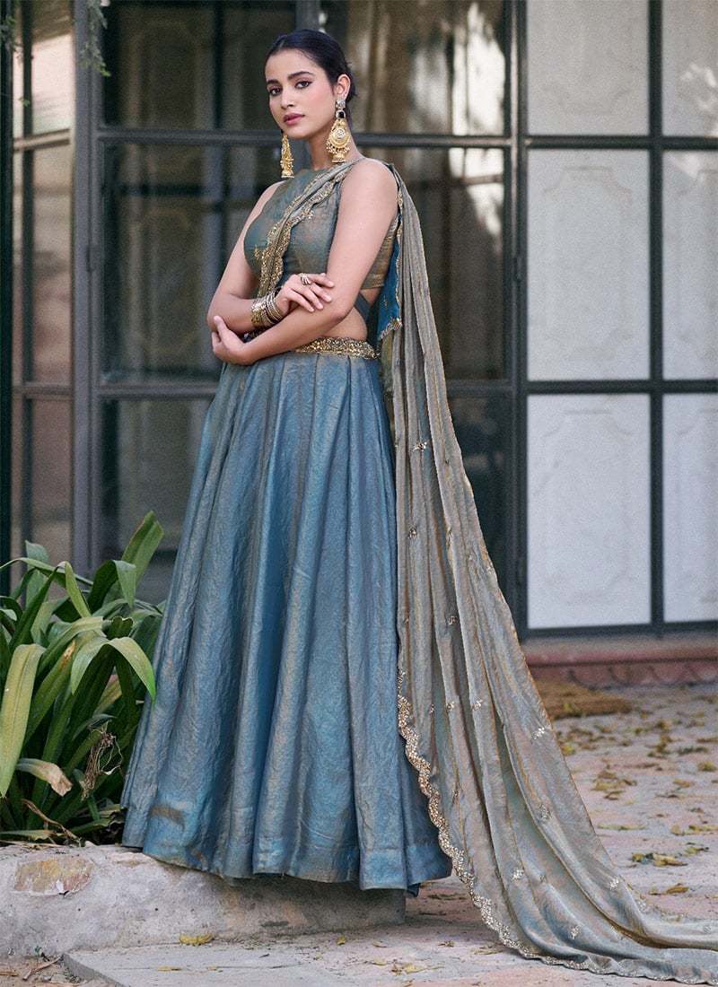 Teal Fendi Silk Embroidered Sequins Lehenga Festive Wear