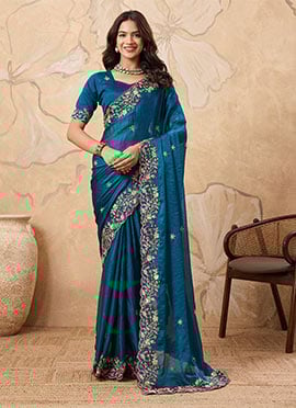 Teal Fendy Chiffon Embroidered Sequins Saree