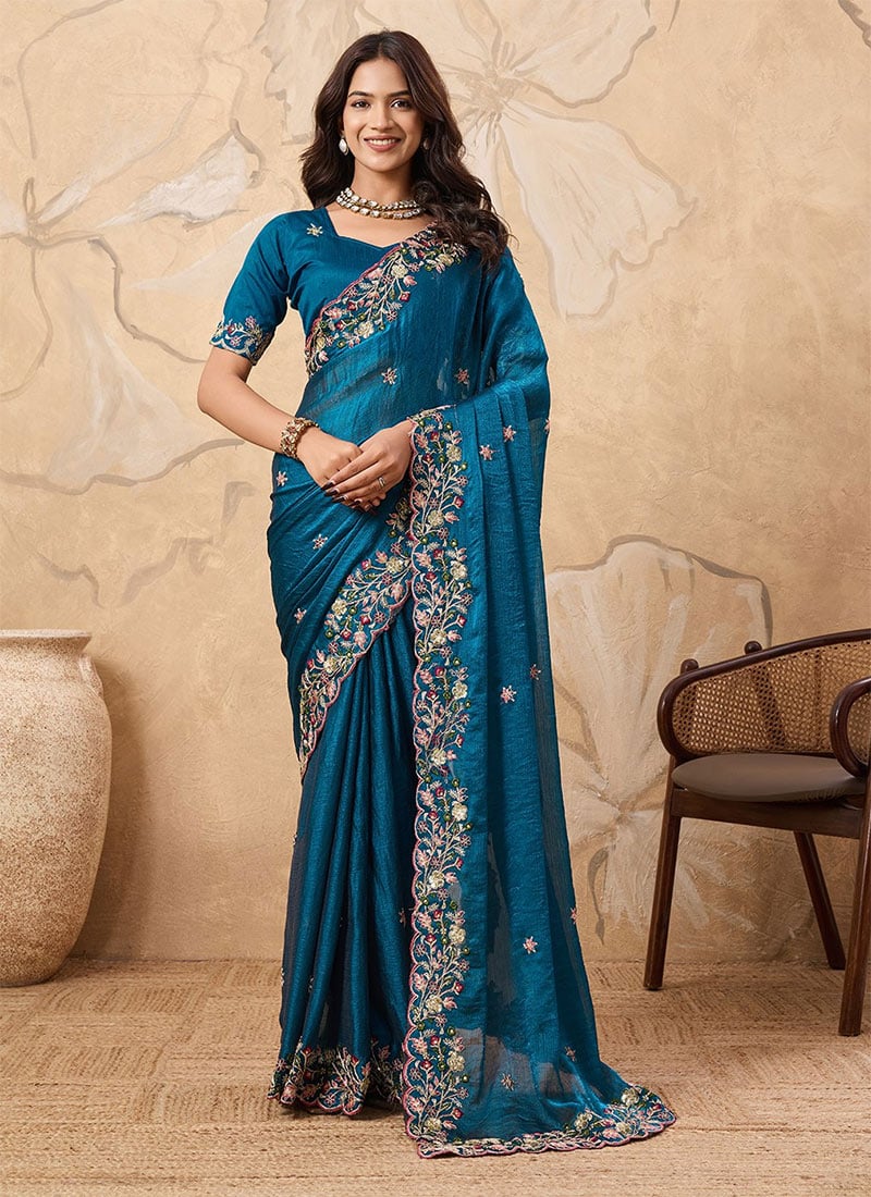 Teal Fendy Chiffon Embroidered Sequins Saree Festive Wear