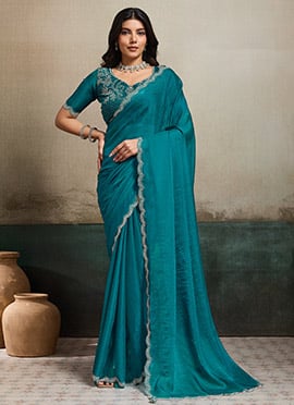Teal Fendy Chiffon Stones Saree