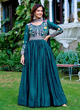 Teal Fendy Silk Embroidered Sequins Anarkali Suit