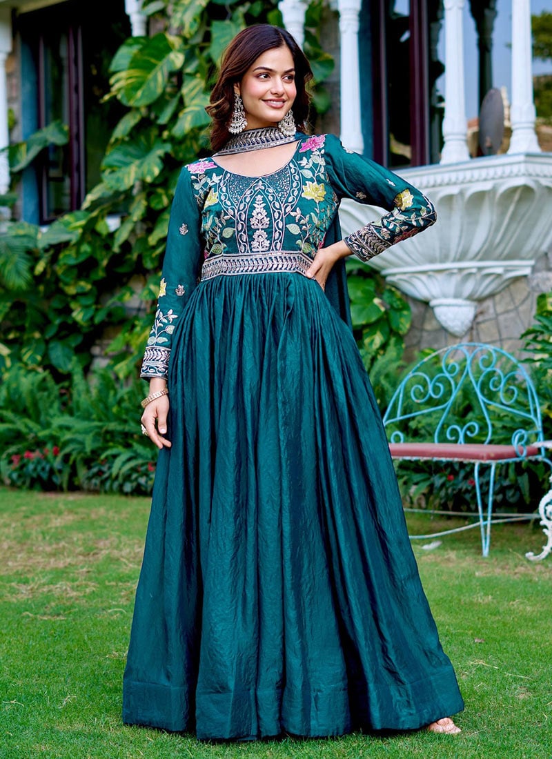 Teal Fendy Silk Embroidered Sequins Anarkali Suit Festive Wear