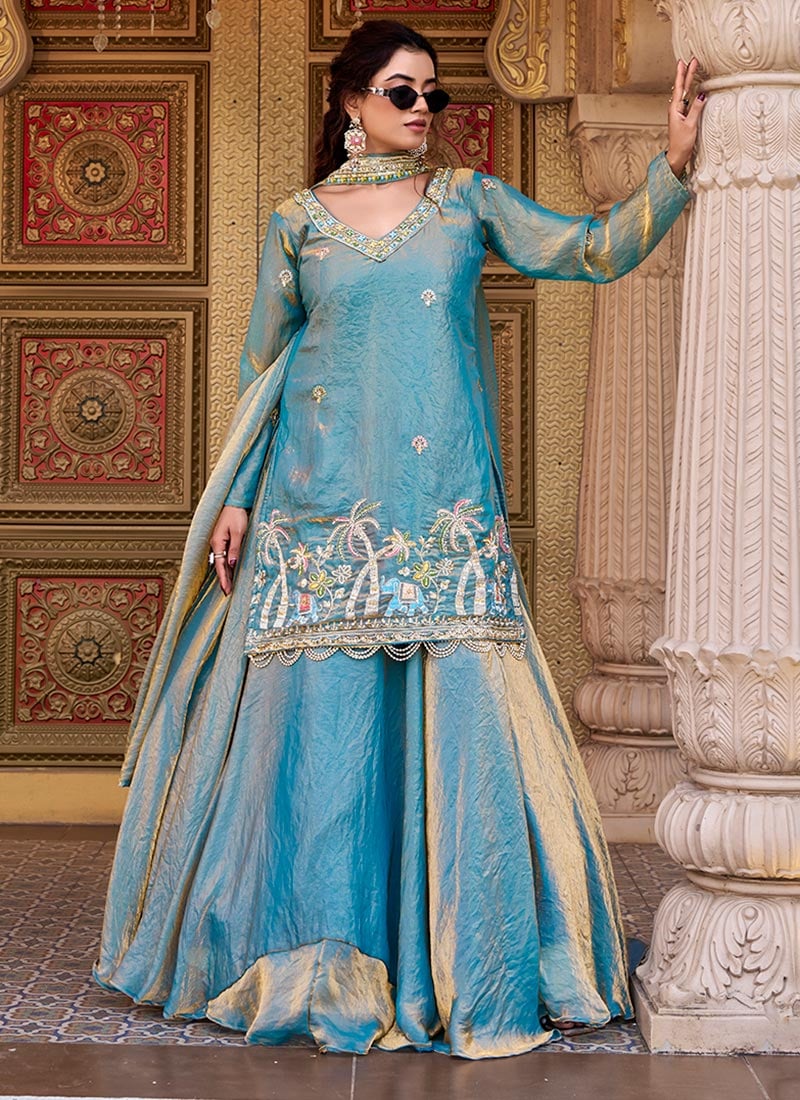 Teal Fendy Silk Embroidered Sequins Beads Long Choli Lehenga Festive Wear