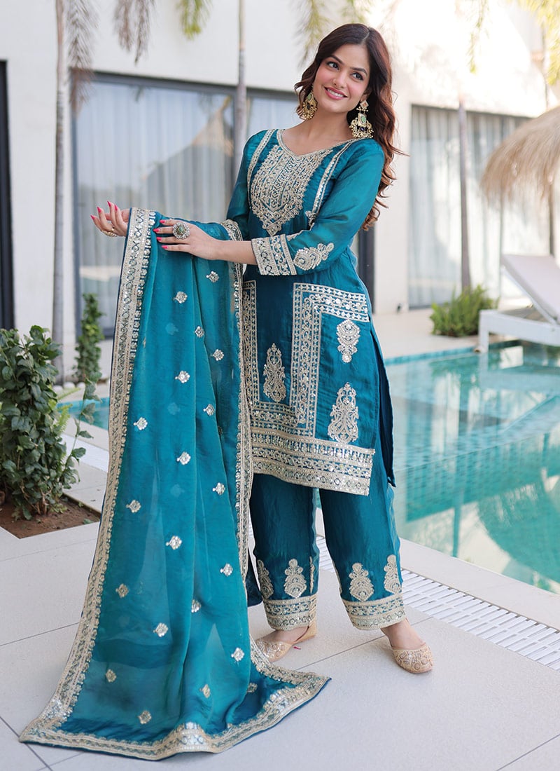 Teal Fendy Silk Embroidered Sequins Straight Pant Suit Festive Wear