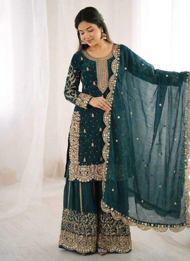 Teal Fendy Silk Embroidered Sequins With Moti Work Palazzo Suit Festive Wear