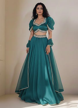 Teal Fendy Silk Puff Sleeve Lehenga Set