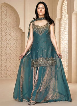 Teal Fendy Silk Zari Embroidered Sequins Palazzo Suit