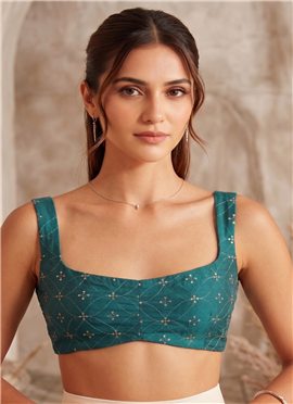 Teal Foil Print Silk Smocking Blouse