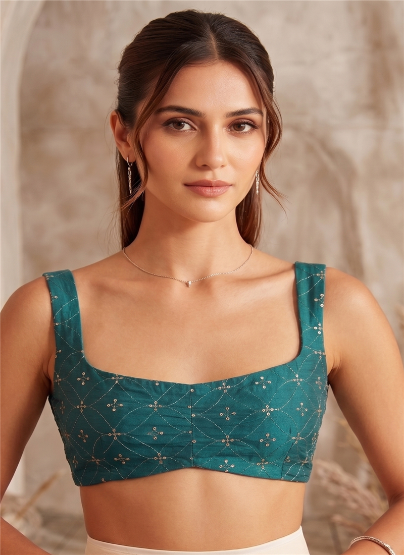 Teal Foil Print Silk Smocking Blouse Festive Wear