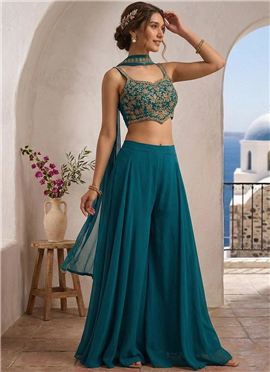 Teal Georgette Hand Embroidered Indowestern Palazzo Suits