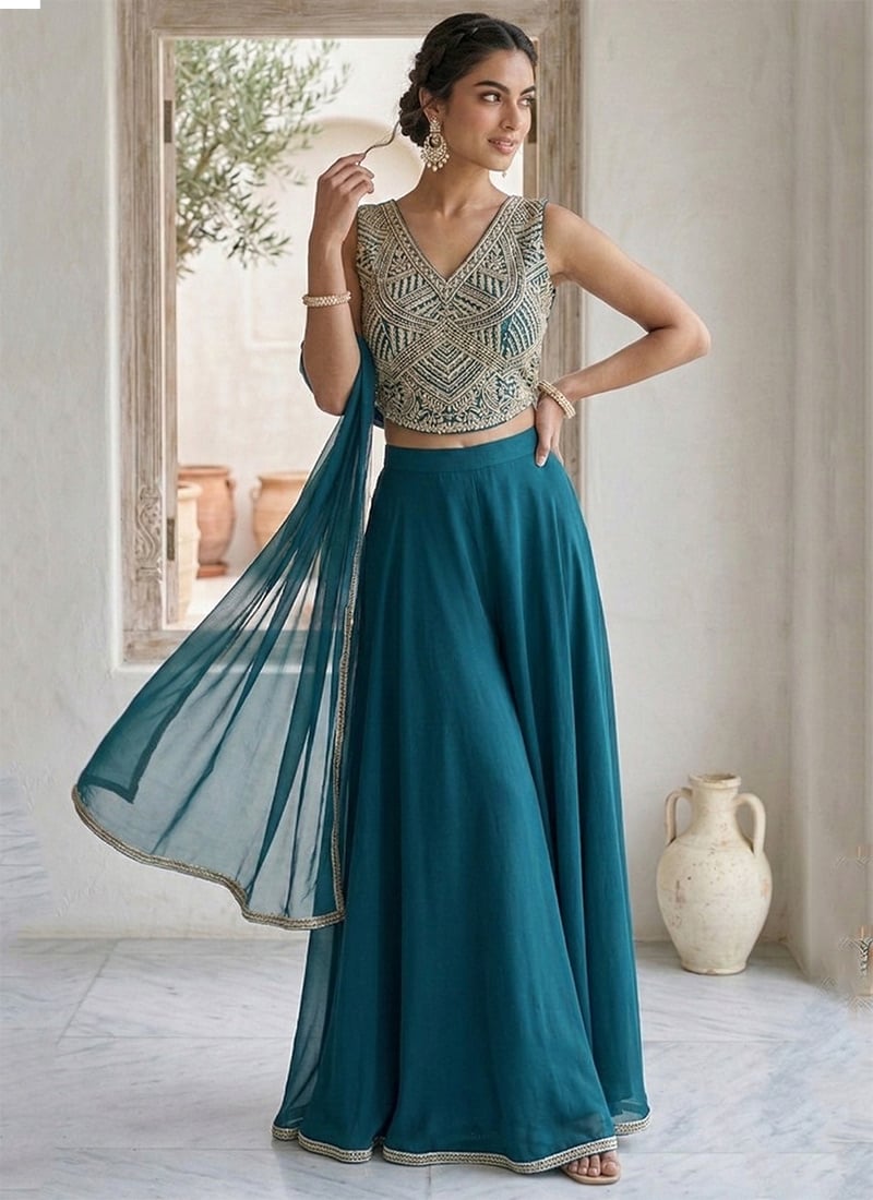 Teal Georgette Beads Hand Embroidered Indowestern Palazzo Set Wedding Wear