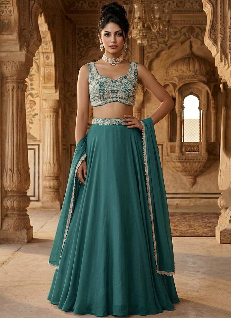 Teal Georgette Beads Hand Embroidered Lehenga Wedding Wear
