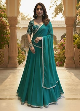 Teal Georgette Beads Hand Embroidered Lehenga