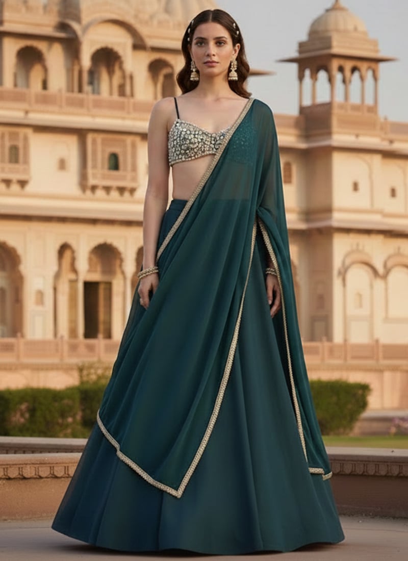 Teal Georgette Beads Stones Hand Embroidered Lehenga Wedding Wear