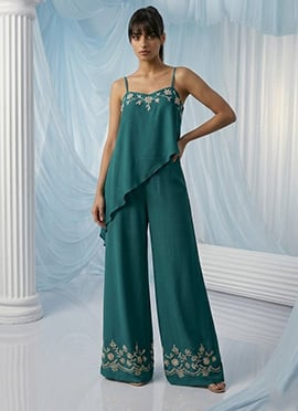 Teal Georgette Beads Zari Hand Embroidered Indowestern Asymmetric Palazzo Set