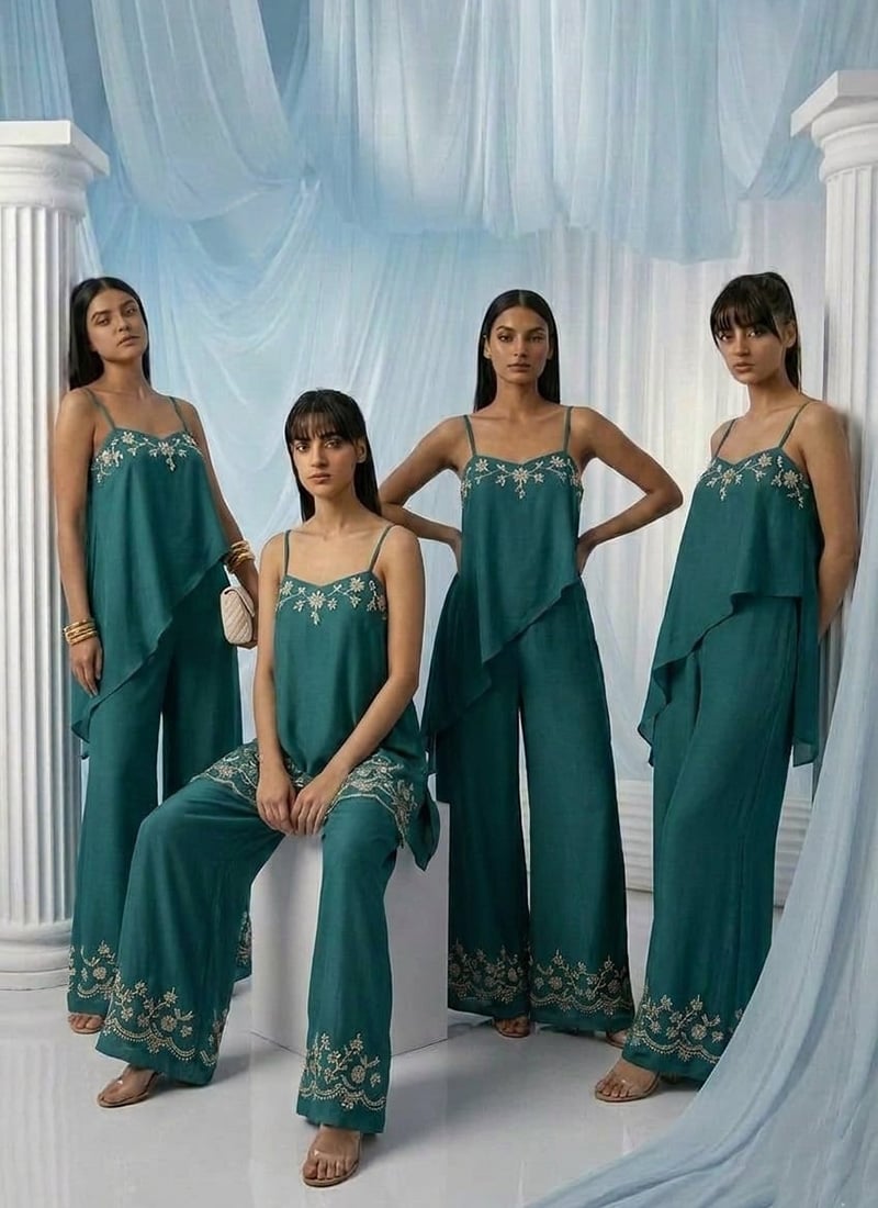 Teal Georgette Beads Zari Hand Embroidered Indowestern Asymmetric Palazzo Set Wedding Wear