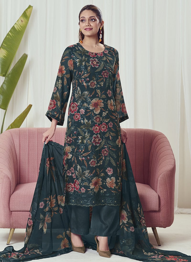 Teal Georgette Digital Print Embroidered Sequins Straight Pant Suit After Six Wear