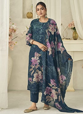 Teal Georgette Digital Printed With Lucknowi Embroidered Straight Pant Suit
