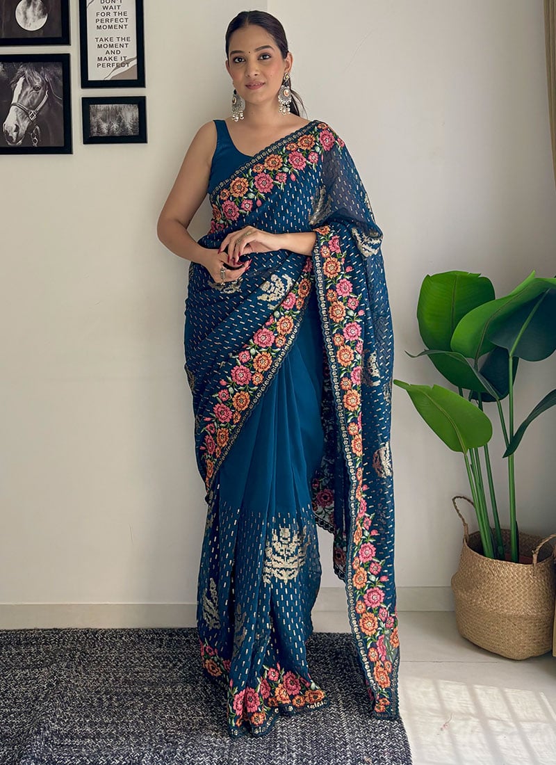 Teal Georgette Embroidered And Sequins Thread Work Saree