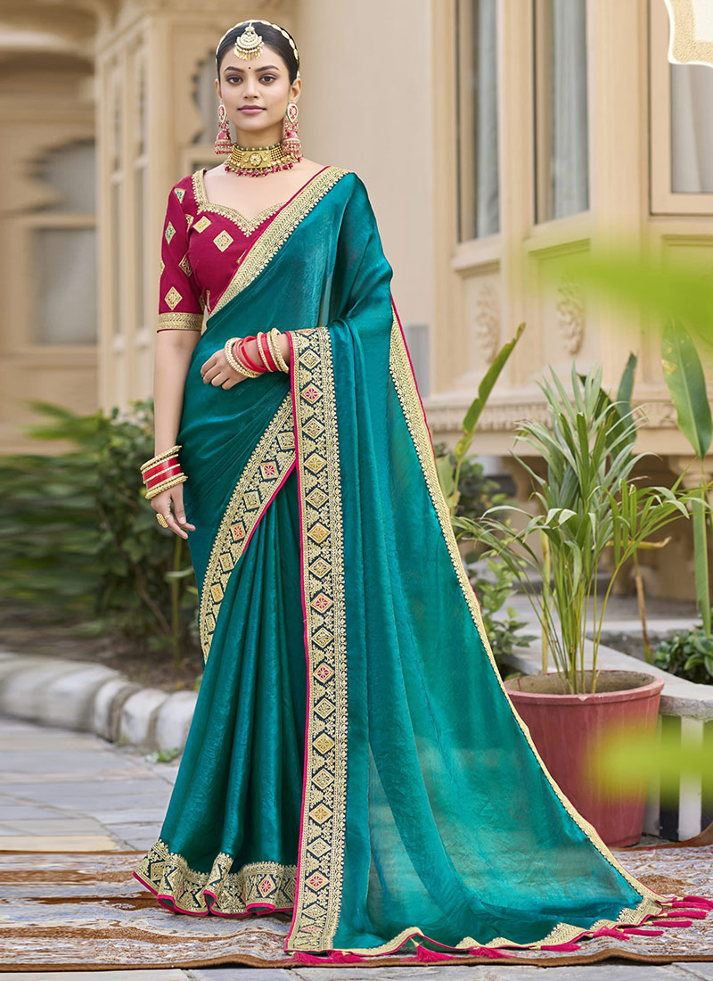 Teal Georgette Embroidered Saree Festive Wear