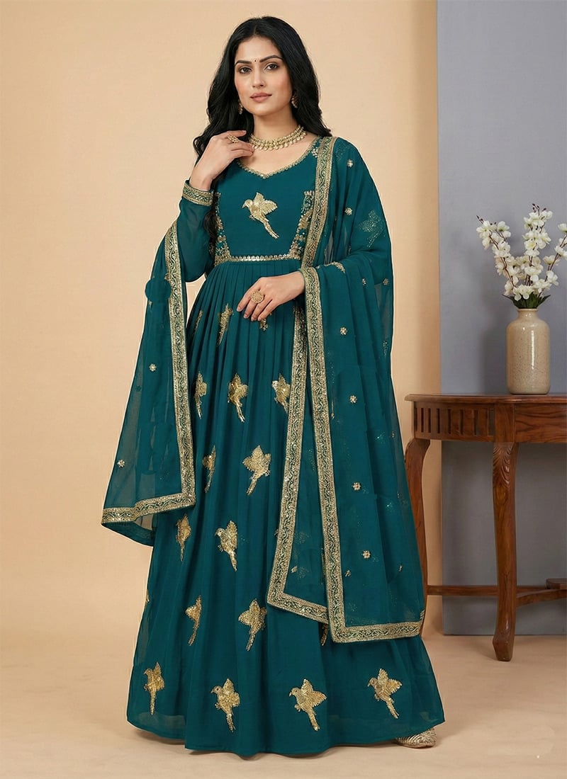 Teal Georgette Embroidered Sequin Anarkali Suit Festive Wear