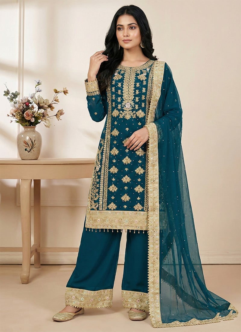 Teal Georgette Embroidered Sequin Moti Palazzo Suit Festive Wear