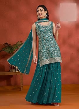 Teal Georgette Embroidered Sequin Palazzo Set