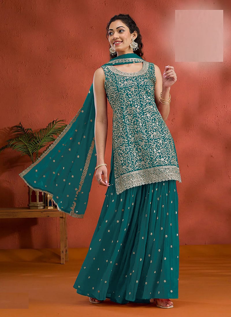 Teal Georgette Embroidered Sequin Palazzo Set Festive Wear