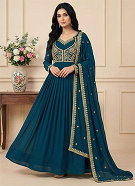 Teal Georgette Embroidered Sequins Anarkali Suit