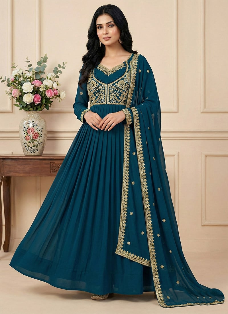 Teal Georgette Embroidered Sequins Anarkali Suit Festive Wear