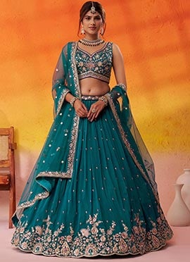 Teal Georgette Embroidered Sequins And Beads Work Lehenga