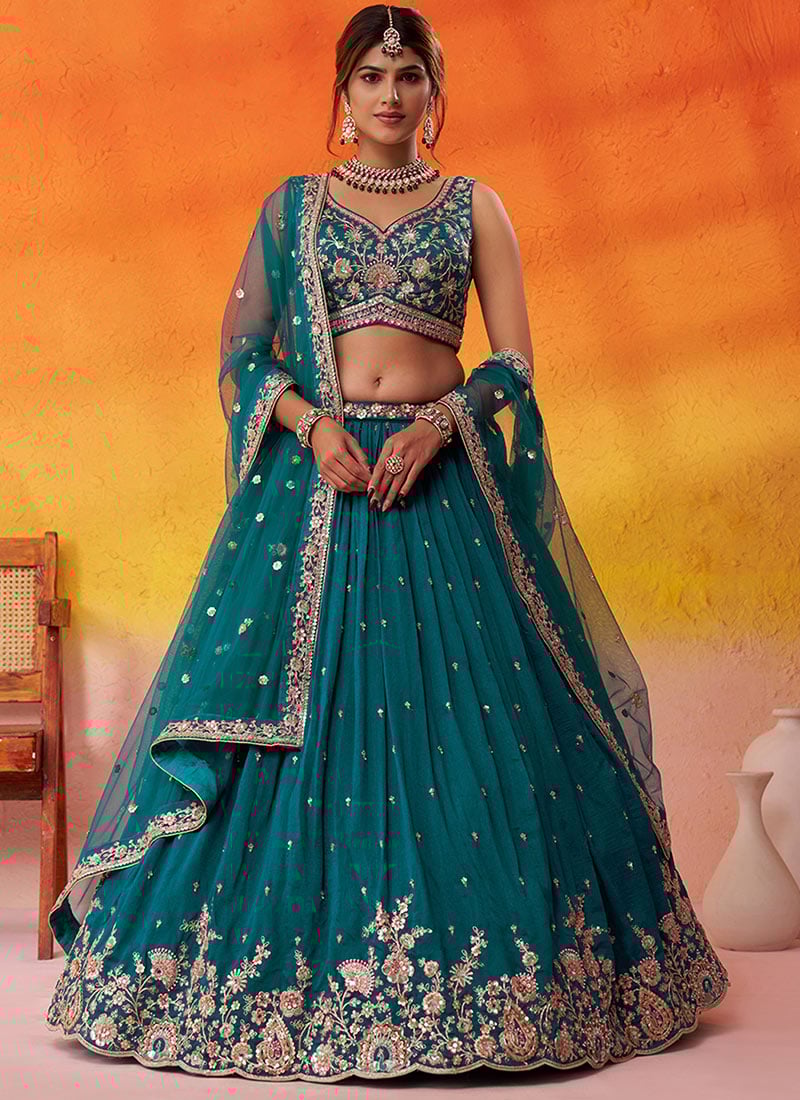 Teal Georgette Embroidered Sequins And Beads Work Lehenga Wedding Wear