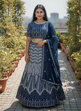 Teal Georgette Embroidered Sequins Lehenga