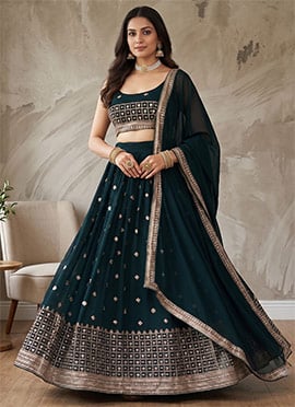 Teal Georgette Embroidered Sequins Lehenga