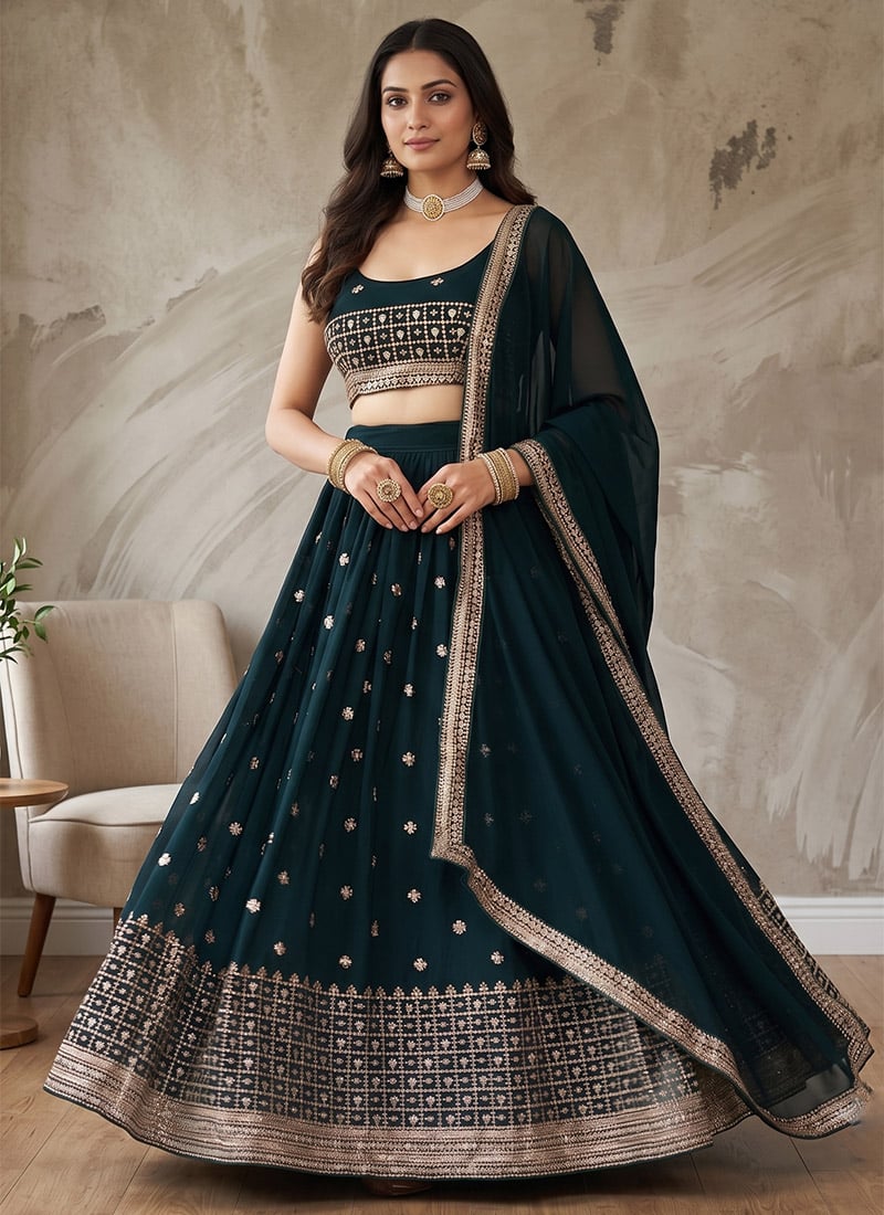 Teal Georgette Embroidered Sequins Lehenga Wedding Wear